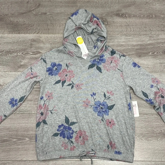 NWT Bailey Lane Crop Tie Front Brushed Pullover Light Grey Floral Hoodie L - Picture 3 of 16